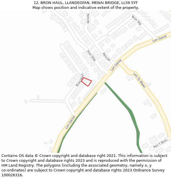 12, BRON HAUL, LLANDEGFAN, MENAI BRIDGE, LL59 5YF: Location map and indicative extent of plot