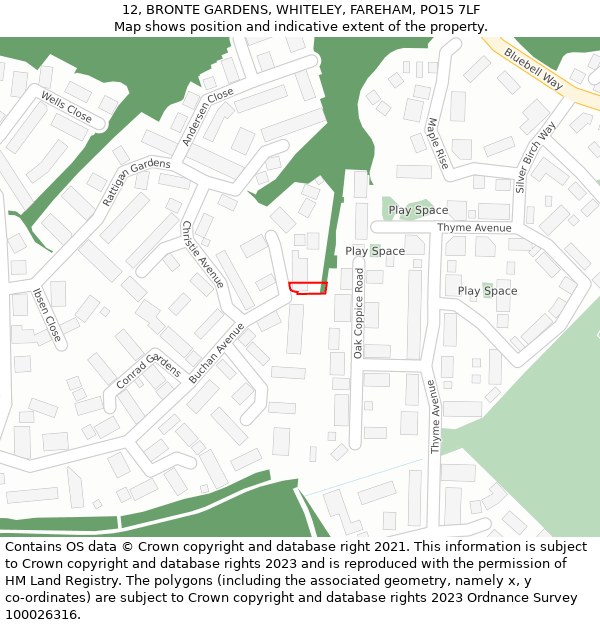 12, BRONTE GARDENS, WHITELEY, FAREHAM, PO15 7LF: Location map and indicative extent of plot