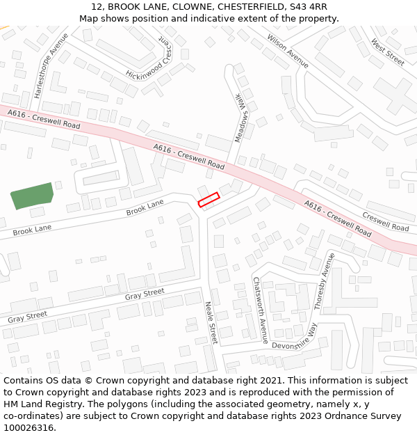 12, BROOK LANE, CLOWNE, CHESTERFIELD, S43 4RR: Location map and indicative extent of plot