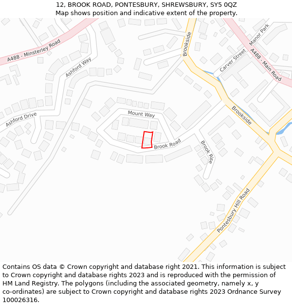 12, BROOK ROAD, PONTESBURY, SHREWSBURY, SY5 0QZ: Location map and indicative extent of plot