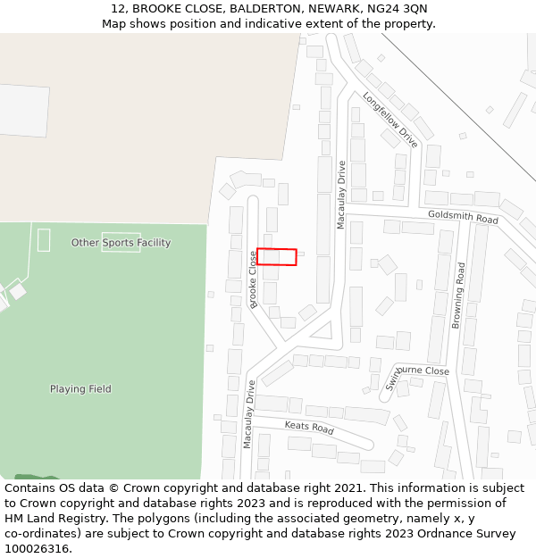 12, BROOKE CLOSE, BALDERTON, NEWARK, NG24 3QN: Location map and indicative extent of plot