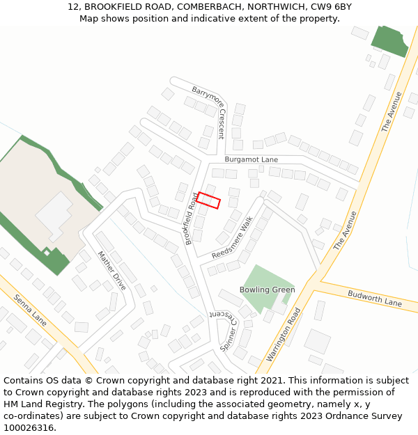 12, BROOKFIELD ROAD, COMBERBACH, NORTHWICH, CW9 6BY: Location map and indicative extent of plot