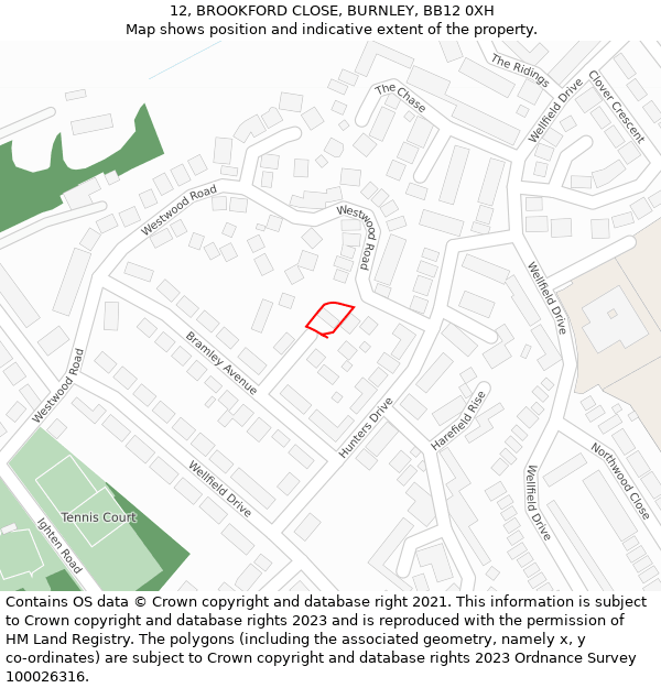 12, BROOKFORD CLOSE, BURNLEY, BB12 0XH: Location map and indicative extent of plot
