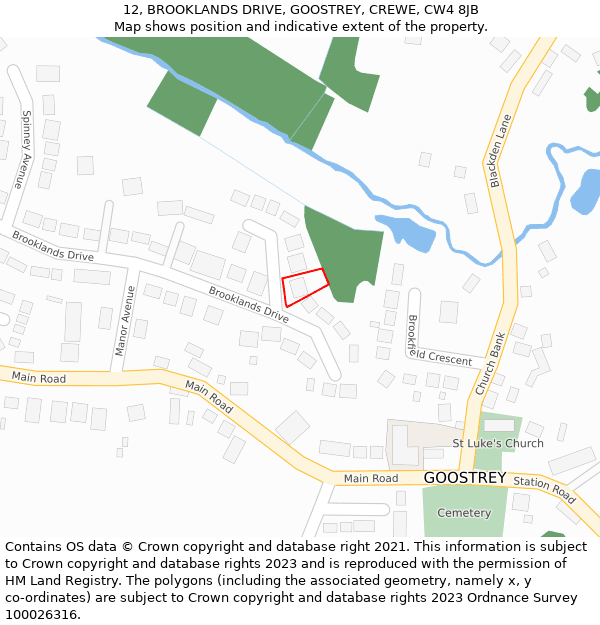 12, BROOKLANDS DRIVE, GOOSTREY, CREWE, CW4 8JB: Location map and indicative extent of plot