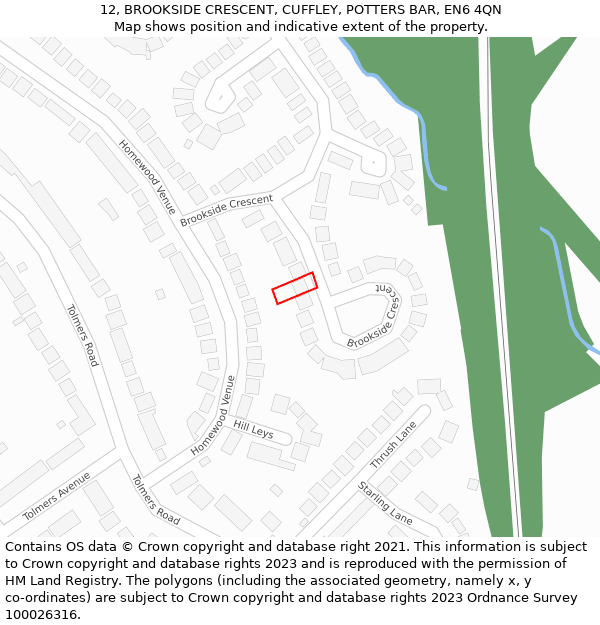 12, BROOKSIDE CRESCENT, CUFFLEY, POTTERS BAR, EN6 4QN: Location map and indicative extent of plot