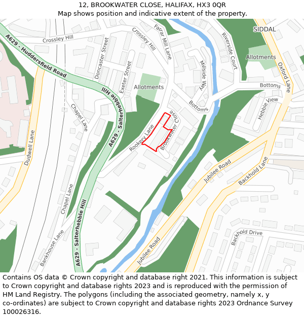 12, BROOKWATER CLOSE, HALIFAX, HX3 0QR: Location map and indicative extent of plot