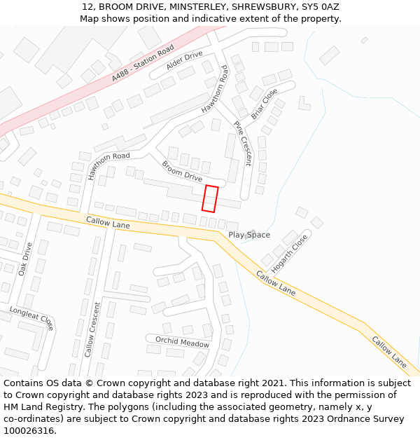 12, BROOM DRIVE, MINSTERLEY, SHREWSBURY, SY5 0AZ: Location map and indicative extent of plot