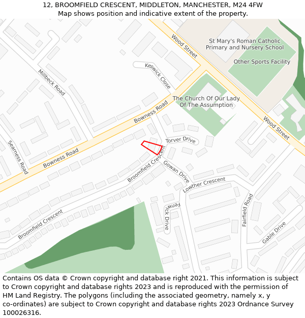 12, BROOMFIELD CRESCENT, MIDDLETON, MANCHESTER, M24 4FW: Location map and indicative extent of plot