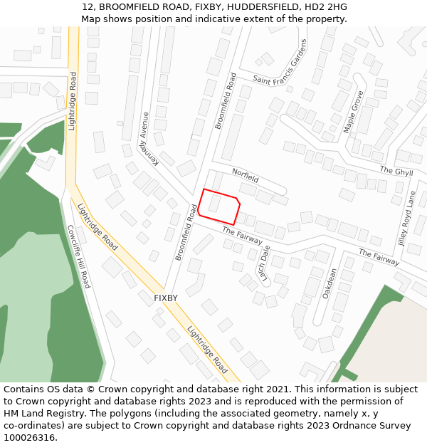 12, BROOMFIELD ROAD, FIXBY, HUDDERSFIELD, HD2 2HG: Location map and indicative extent of plot