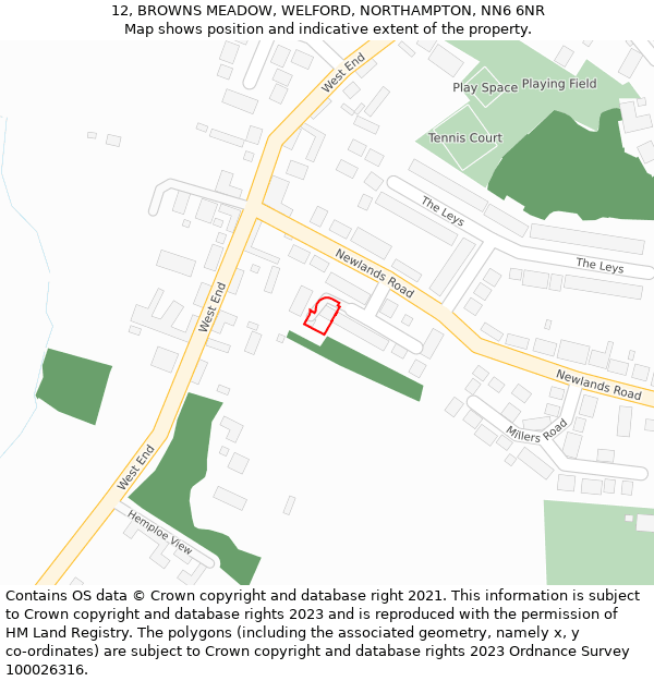 12, BROWNS MEADOW, WELFORD, NORTHAMPTON, NN6 6NR: Location map and indicative extent of plot