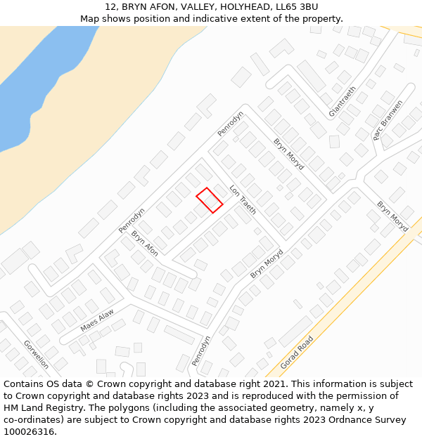 12, BRYN AFON, VALLEY, HOLYHEAD, LL65 3BU: Location map and indicative extent of plot
