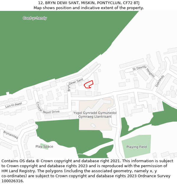 12, BRYN DEWI SANT, MISKIN, PONTYCLUN, CF72 8TJ: Location map and indicative extent of plot