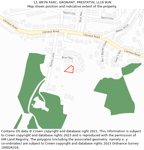 12, BRYN PARC, GRONANT, PRESTATYN, LL19 9UN: Location map and indicative extent of plot