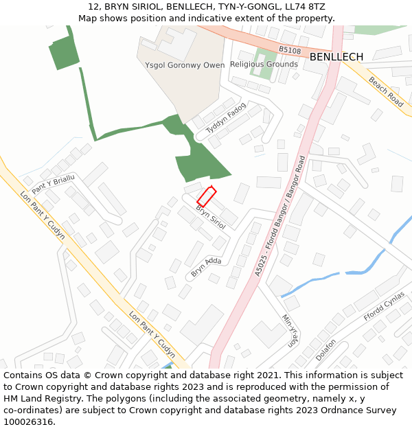 12, BRYN SIRIOL, BENLLECH, TYN-Y-GONGL, LL74 8TZ: Location map and indicative extent of plot