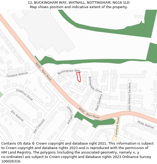 12, BUCKINGHAM WAY, WATNALL, NOTTINGHAM, NG16 1LD: Location map and indicative extent of plot