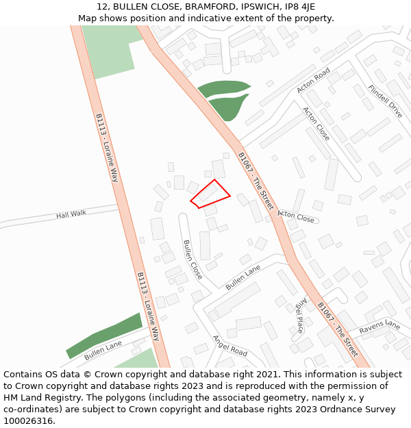 12, BULLEN CLOSE, BRAMFORD, IPSWICH, IP8 4JE: Location map and indicative extent of plot