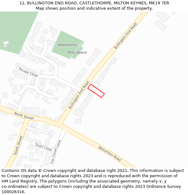 12, BULLINGTON END ROAD, CASTLETHORPE, MILTON KEYNES, MK19 7ER: Location map and indicative extent of plot