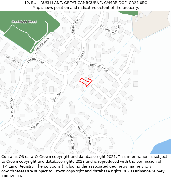 12, BULLRUSH LANE, GREAT CAMBOURNE, CAMBRIDGE, CB23 6BG: Location map and indicative extent of plot