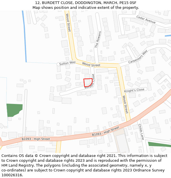 12, BURDETT CLOSE, DODDINGTON, MARCH, PE15 0SF: Location map and indicative extent of plot