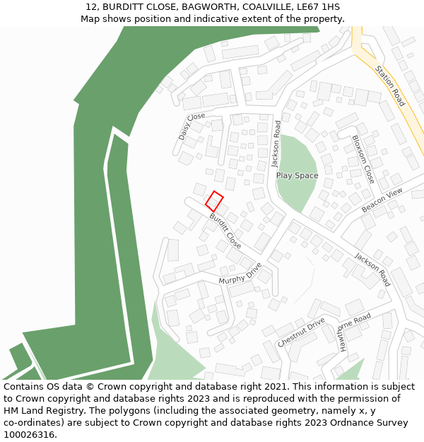 12, BURDITT CLOSE, BAGWORTH, COALVILLE, LE67 1HS: Location map and indicative extent of plot