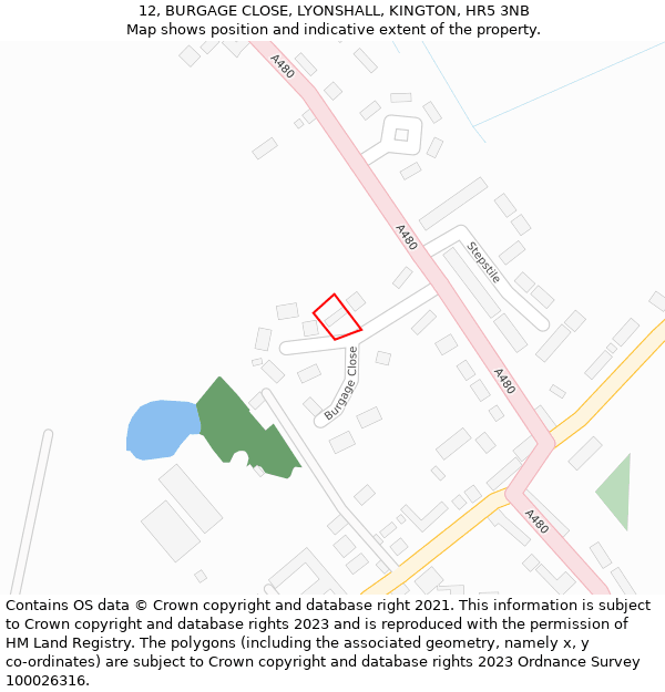 12, BURGAGE CLOSE, LYONSHALL, KINGTON, HR5 3NB: Location map and indicative extent of plot