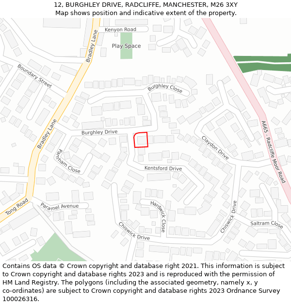 12, BURGHLEY DRIVE, RADCLIFFE, MANCHESTER, M26 3XY: Location map and indicative extent of plot