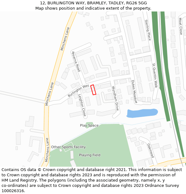 12, BURLINGTON WAY, BRAMLEY, TADLEY, RG26 5GG: Location map and indicative extent of plot