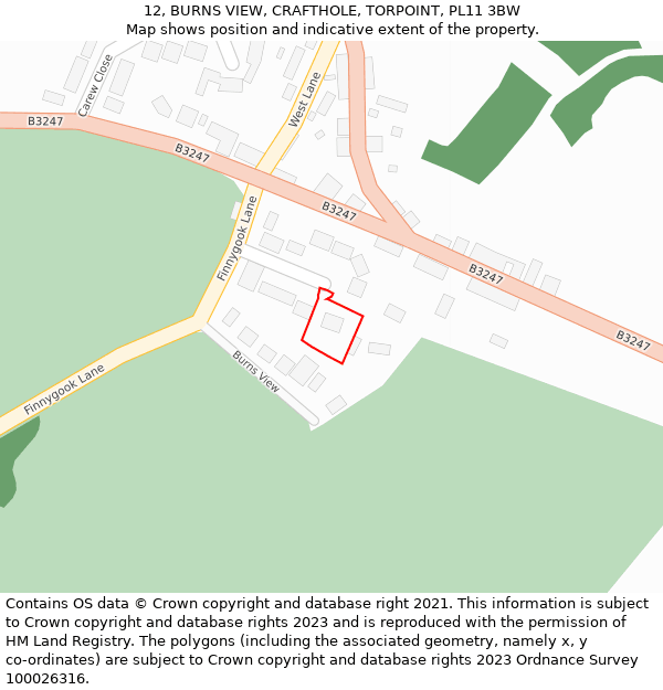 12, BURNS VIEW, CRAFTHOLE, TORPOINT, PL11 3BW: Location map and indicative extent of plot