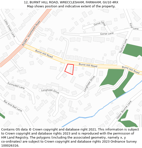 12, BURNT HILL ROAD, WRECCLESHAM, FARNHAM, GU10 4RX: Location map and indicative extent of plot