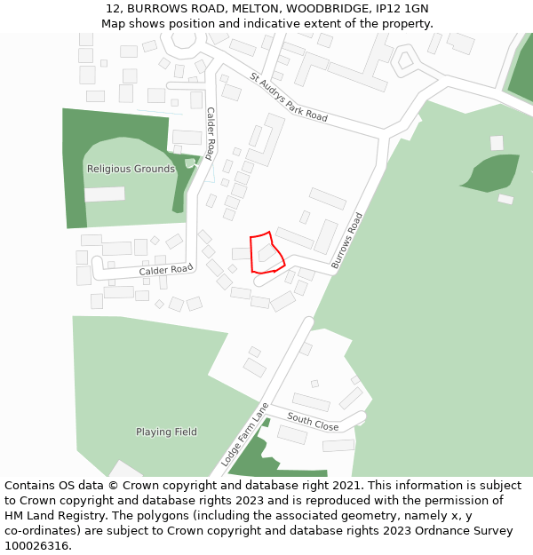 12, BURROWS ROAD, MELTON, WOODBRIDGE, IP12 1GN: Location map and indicative extent of plot