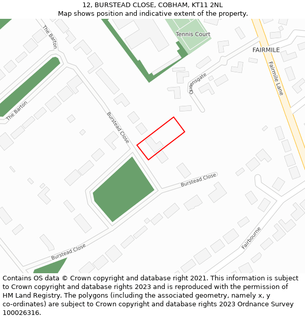 12, BURSTEAD CLOSE, COBHAM, KT11 2NL: Location map and indicative extent of plot
