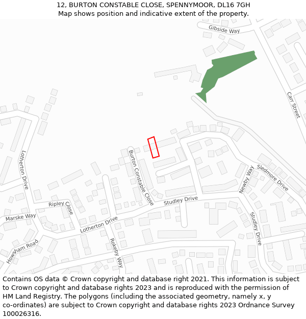 12, BURTON CONSTABLE CLOSE, SPENNYMOOR, DL16 7GH: Location map and indicative extent of plot