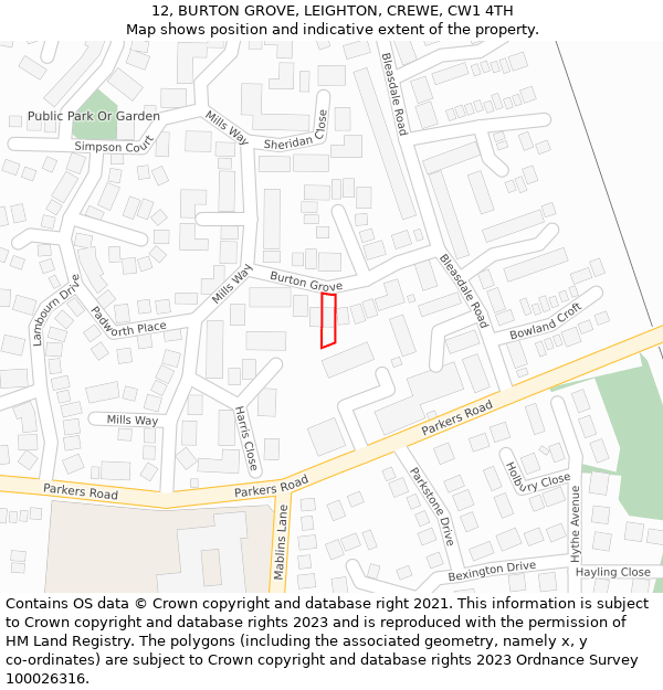 12, BURTON GROVE, LEIGHTON, CREWE, CW1 4TH: Location map and indicative extent of plot