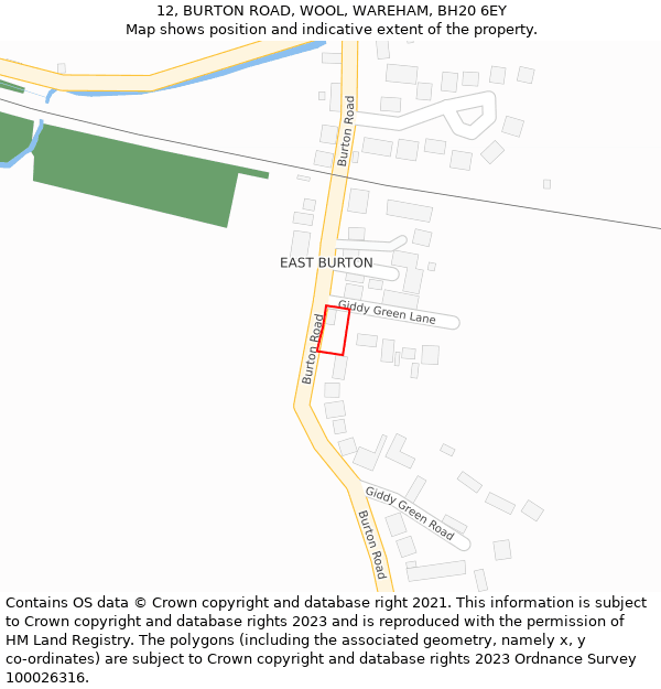 12, BURTON ROAD, WOOL, WAREHAM, BH20 6EY: Location map and indicative extent of plot