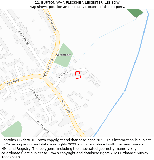12, BURTON WAY, FLECKNEY, LEICESTER, LE8 8DW: Location map and indicative extent of plot