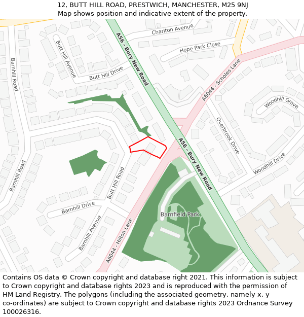 12, BUTT HILL ROAD, PRESTWICH, MANCHESTER, M25 9NJ: Location map and indicative extent of plot