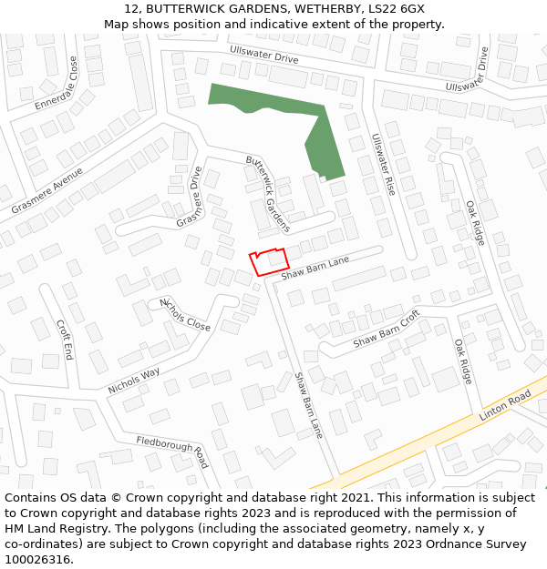 12, BUTTERWICK GARDENS, WETHERBY, LS22 6GX: Location map and indicative extent of plot