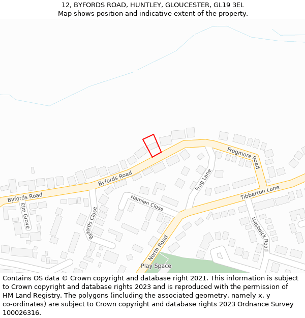 12, BYFORDS ROAD, HUNTLEY, GLOUCESTER, GL19 3EL: Location map and indicative extent of plot