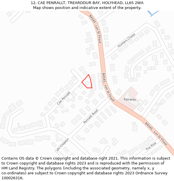 12, CAE PENRALLT, TREARDDUR BAY, HOLYHEAD, LL65 2WA: Location map and indicative extent of plot