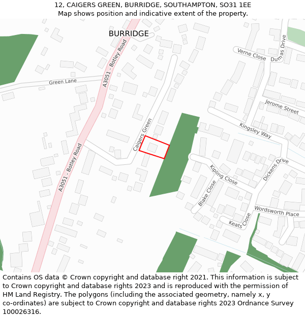 12, CAIGERS GREEN, BURRIDGE, SOUTHAMPTON, SO31 1EE: Location map and indicative extent of plot