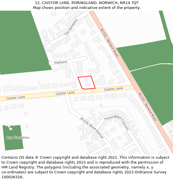12, CAISTOR LANE, PORINGLAND, NORWICH, NR14 7QT: Location map and indicative extent of plot