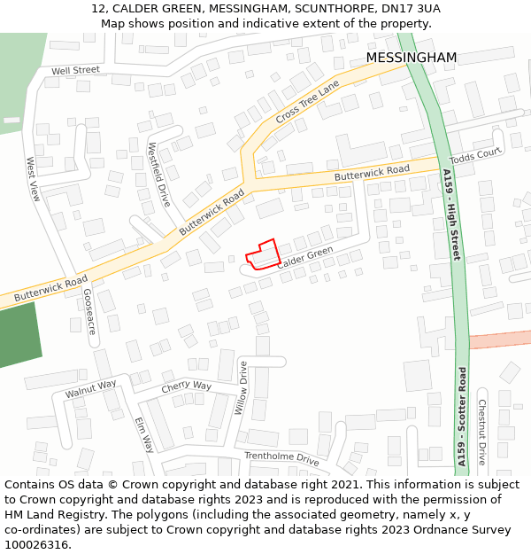 12, CALDER GREEN, MESSINGHAM, SCUNTHORPE, DN17 3UA: Location map and indicative extent of plot