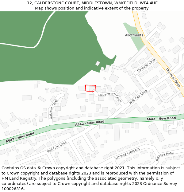 12, CALDERSTONE COURT, MIDDLESTOWN, WAKEFIELD, WF4 4UE: Location map and indicative extent of plot