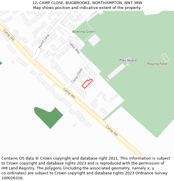 12, CAMP CLOSE, BUGBROOKE, NORTHAMPTON, NN7 3RW: Location map and indicative extent of plot