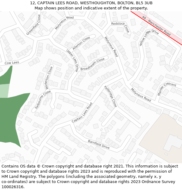 12, CAPTAIN LEES ROAD, WESTHOUGHTON, BOLTON, BL5 3UB: Location map and indicative extent of plot