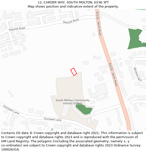 12, CARDER WAY, SOUTH MOLTON, EX36 3FT: Location map and indicative extent of plot