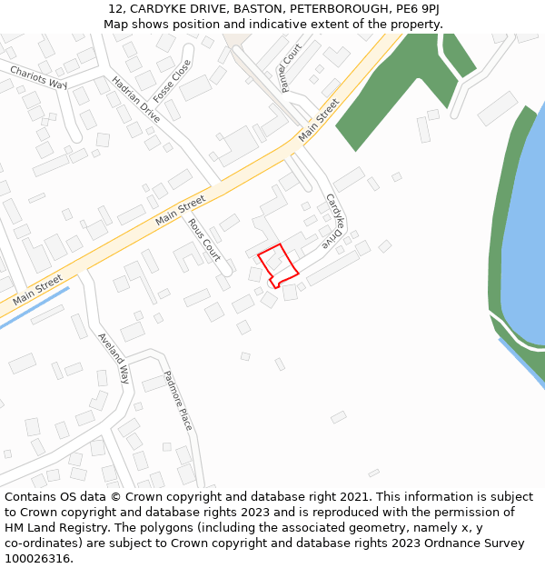 12, CARDYKE DRIVE, BASTON, PETERBOROUGH, PE6 9PJ: Location map and indicative extent of plot