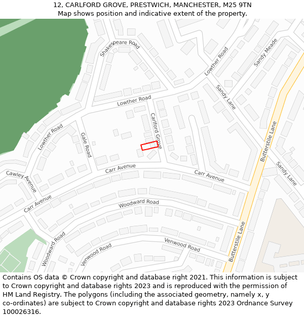 12, CARLFORD GROVE, PRESTWICH, MANCHESTER, M25 9TN: Location map and indicative extent of plot