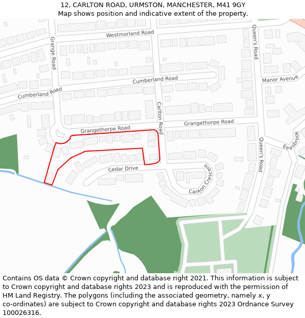 12, CARLTON ROAD, URMSTON, MANCHESTER, M41 9GY: Location map and indicative extent of plot