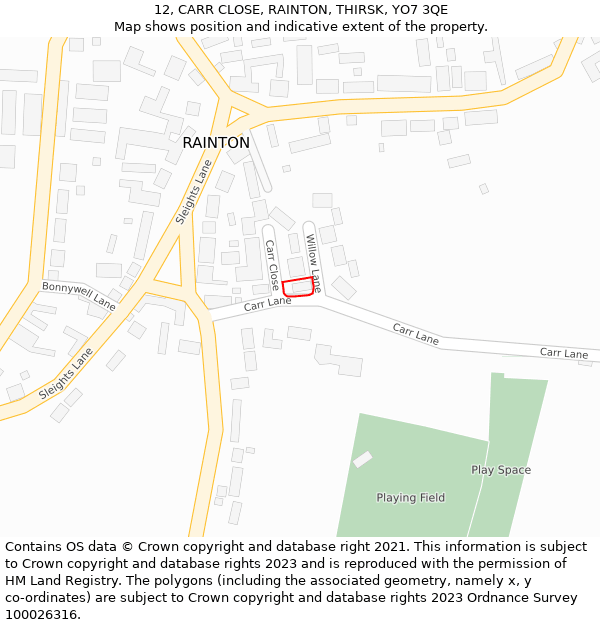 12, CARR CLOSE, RAINTON, THIRSK, YO7 3QE: Location map and indicative extent of plot